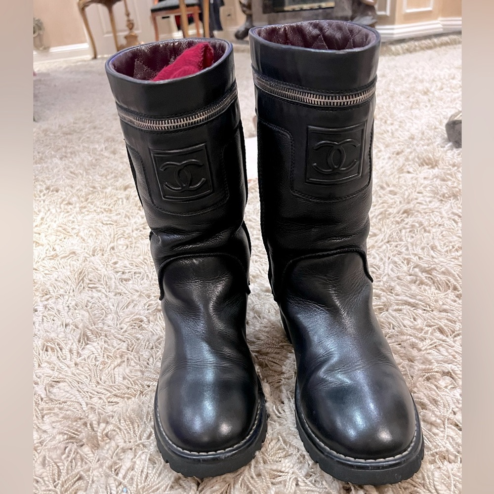Chanel leather logo zipper motorcycle boot